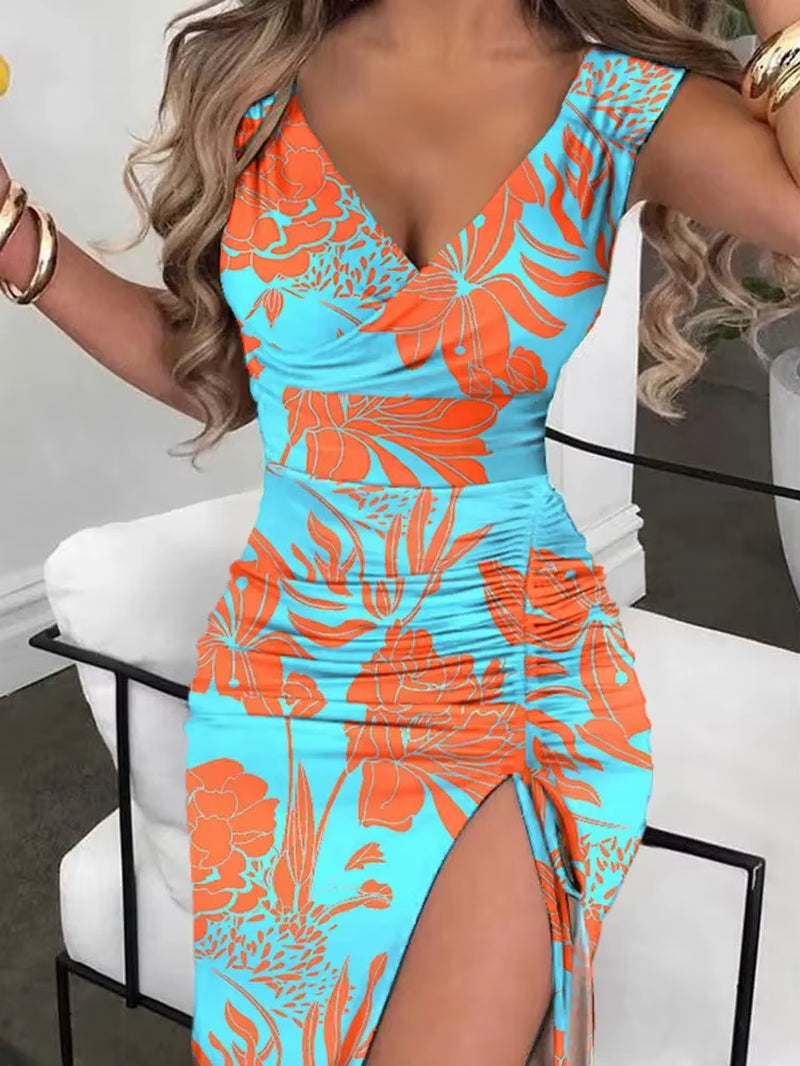 Elegant Women's High Split V-Neck Dress for Spring 2025 - Slim Fit Sleeveless Casual Office Attire