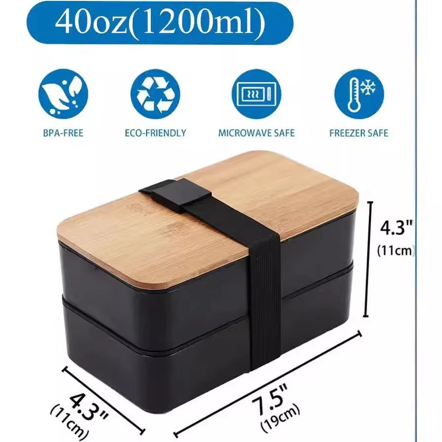 Japanese Style Double Layer Lunch Box Bamboo Cover Insulated Thermal Lunch Box with Seal and Utensils Microwave Safe Food Preser
