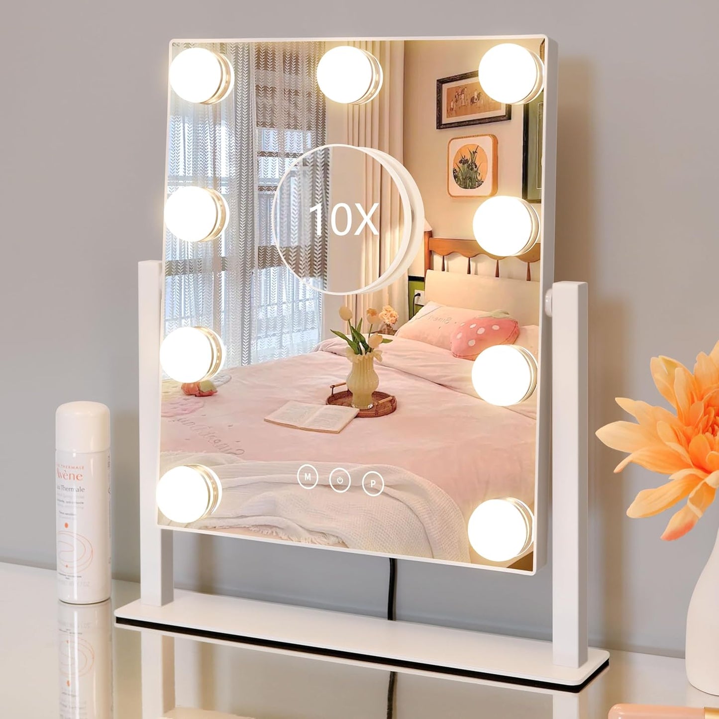 Vanity Mirror with Lights,Lighted Vanity Mirror with 9 Dimmable Bulbs for Dressing Room & Bedroom,3 Color Lighting,Modes Detachable 10X Magnification 360°Ratation(White)