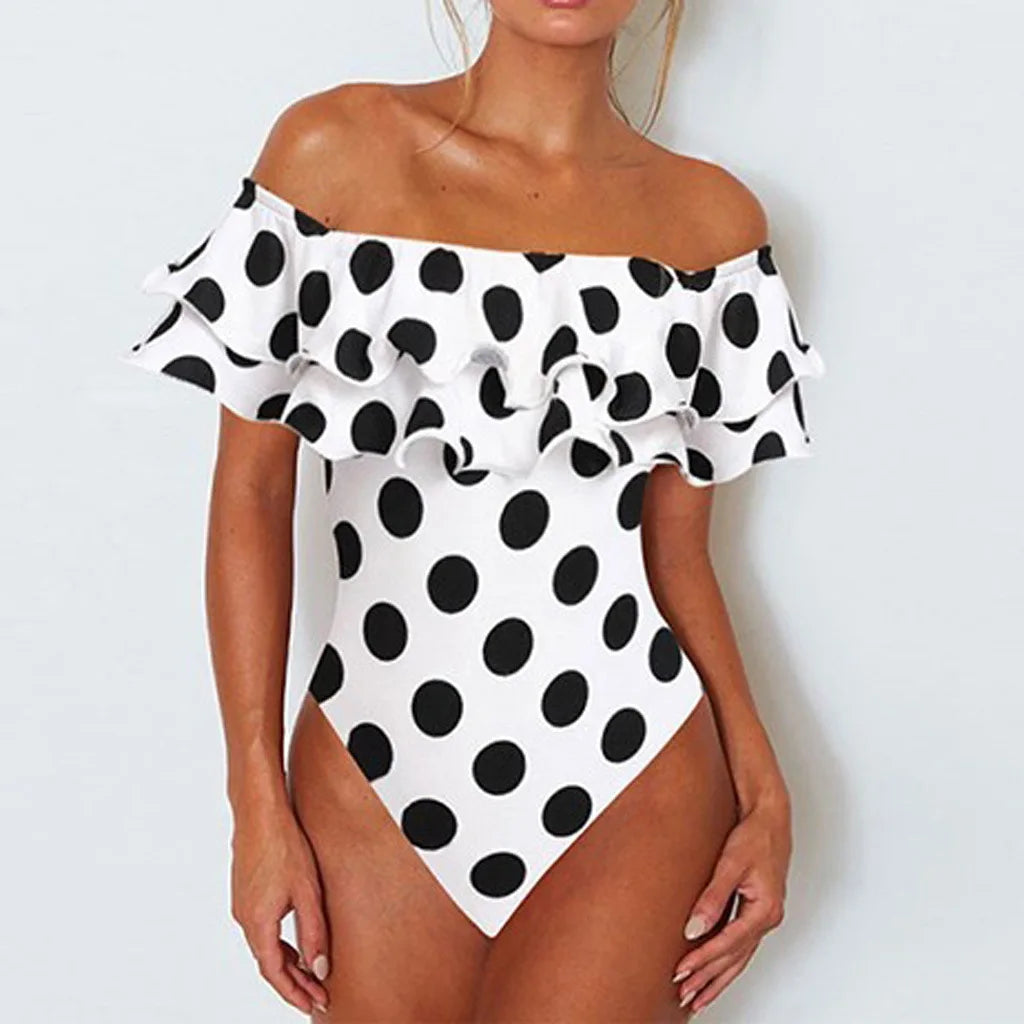 Black and White Polka Dot Ruffled One-Piece Swimsuits Sexy Push up Bathing Suit Bodysuit Girl Beach Backless Swimwear Monokini