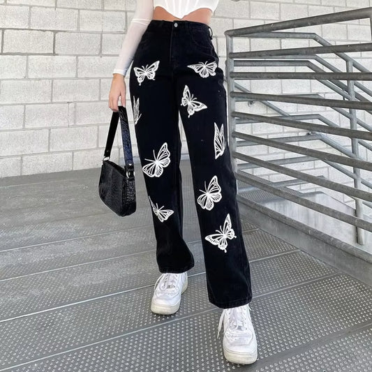 Black Baggy Jeans Women Butterfly Print Aesthetic Denim Pants Fashion High Waist Straight Long Trousers Ladies Streetwear 2021