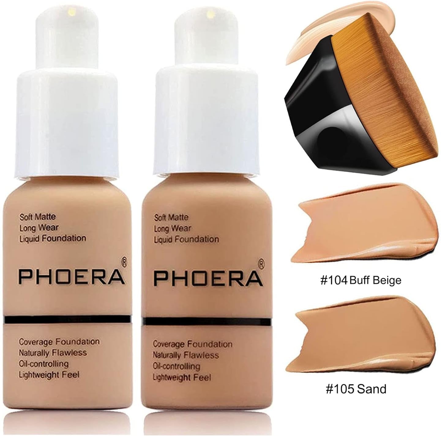 2 Pcs Liquid Foundation Full Coverage 24HR 30Ml Matte Oil Control Foundation Makeup Concealer (Buff Beige & Sand) with Kabuki Foundation Brush Flat Top