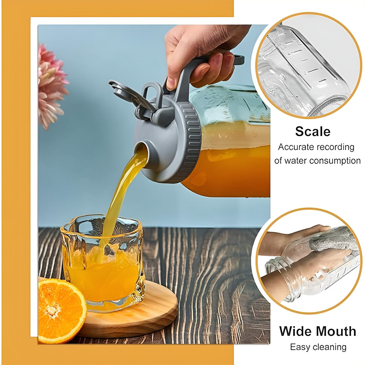 24 OZ Mason Glass Pitcher with Lid Leak Proof Pour Spout and Handle for Drinks