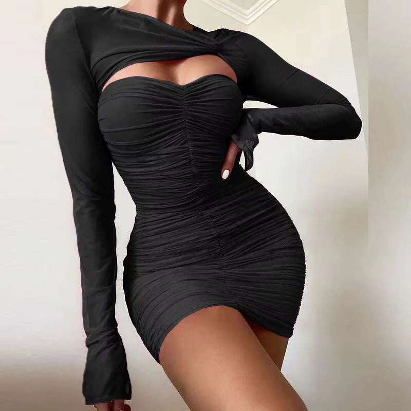 One Shoulder Mesh Sexy Bodycon Dresses Women 2021 White Pleated Mini Summer Dress Vestidos Elegant Club Party Dresses