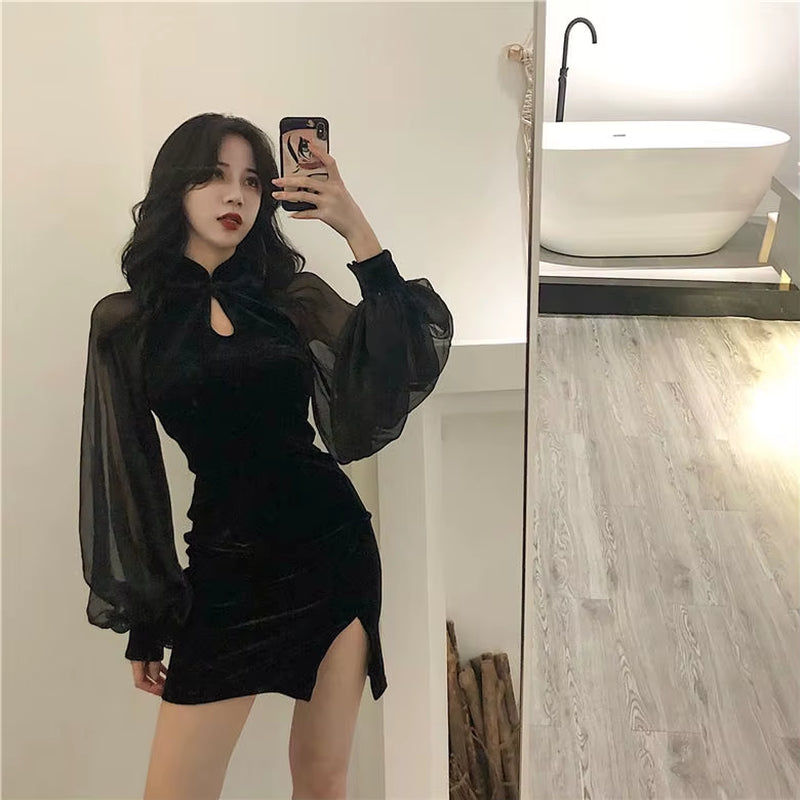 Black Slit Dress Women'S Clothing Retro Patchwork Velvet Lantern Sleeve Dress Sexy Woman Dresses Vestido De Mujer Femme Robe