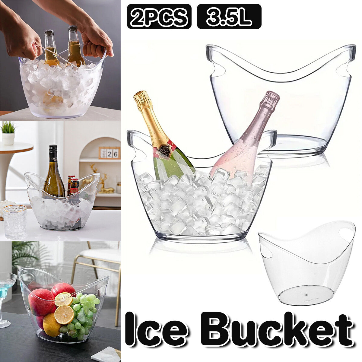 2Pcs Transparent 3.5L Ice Bucket Large Capacity Wine Beer Picnic Cooler Basket
