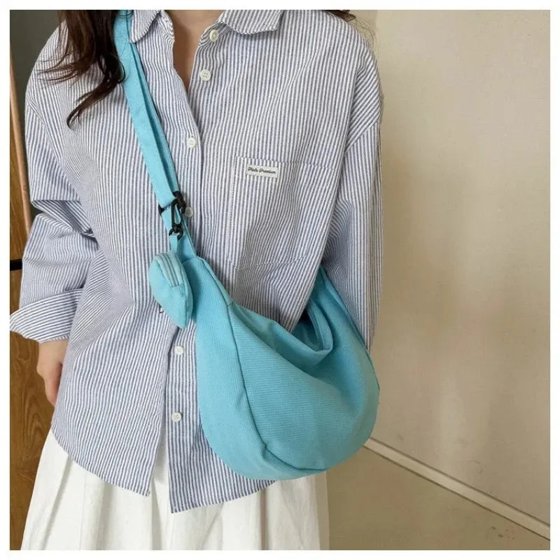 Women'S Canvas Shoulder Bag Large Capacity Crossbody Chest Bag Casual Half Moon Belt Messenger Bag Student Commute Dumpling Bag