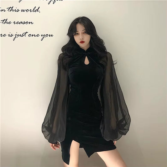 Black Slit Dress Women'S Clothing Retro Patchwork Velvet Lantern Sleeve Dress Sexy Woman Dresses Vestido De Mujer Femme Robe