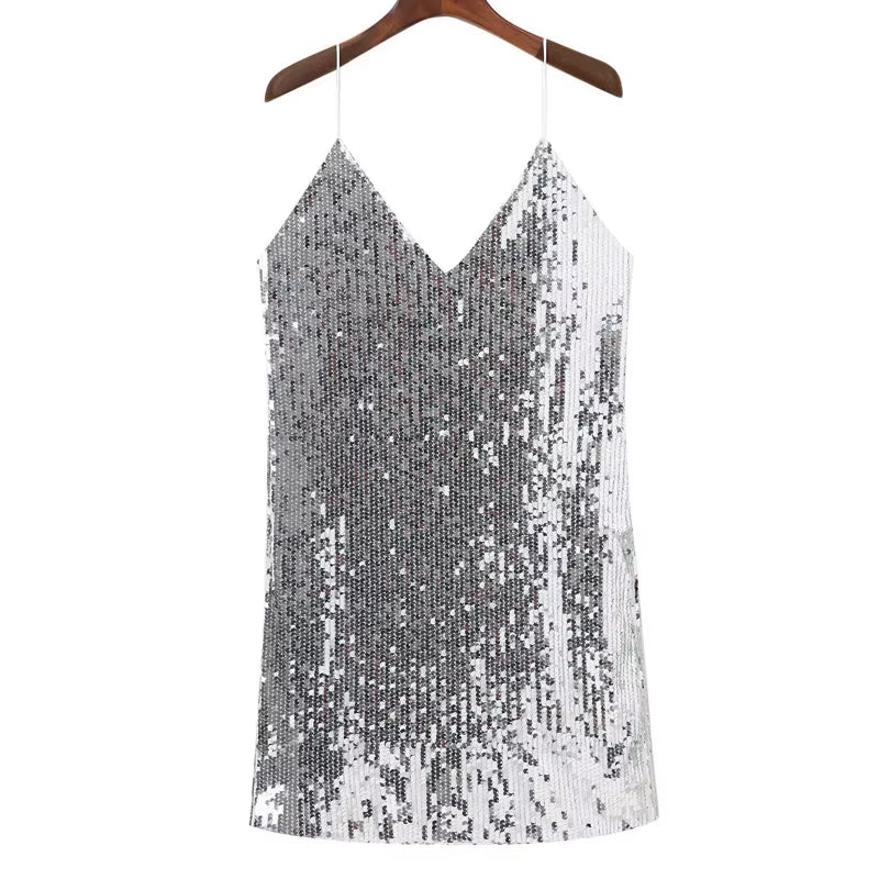 Deep V Neck Autumn Silver Sequined Backless Sexy Dress Women off Shoulder Mini Dress Christmas Party Club Strap Dresses Vestidos