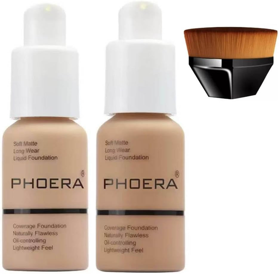 2 Pcs Liquid Foundation Full Coverage 24HR 30Ml Matte Oil Control Foundation Makeup Concealer (Buff Beige & Sand) with Kabuki Foundation Brush Flat Top