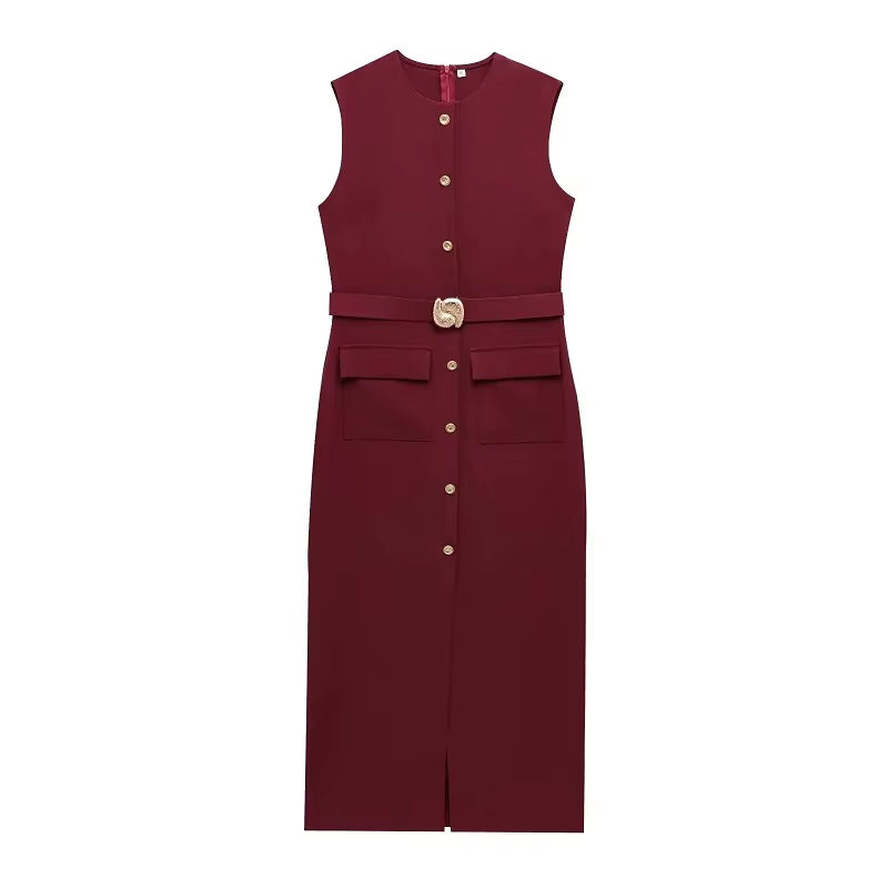 2025 Womens Dresses Black Office Long Dresses for Women Spring Sleeveless Midi Dress Woman Belt Button Women'S Dress Vest