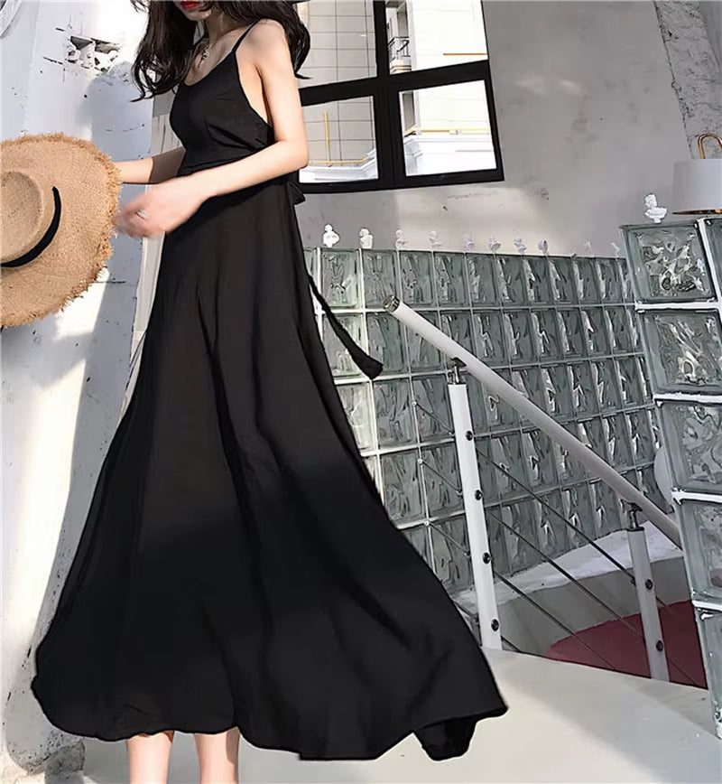 Fashion Spaghetti Strap Backless Dress for Women Summer Simple Solid Color A-Line Slim Long Dresses 2021 New Ladies Clothes