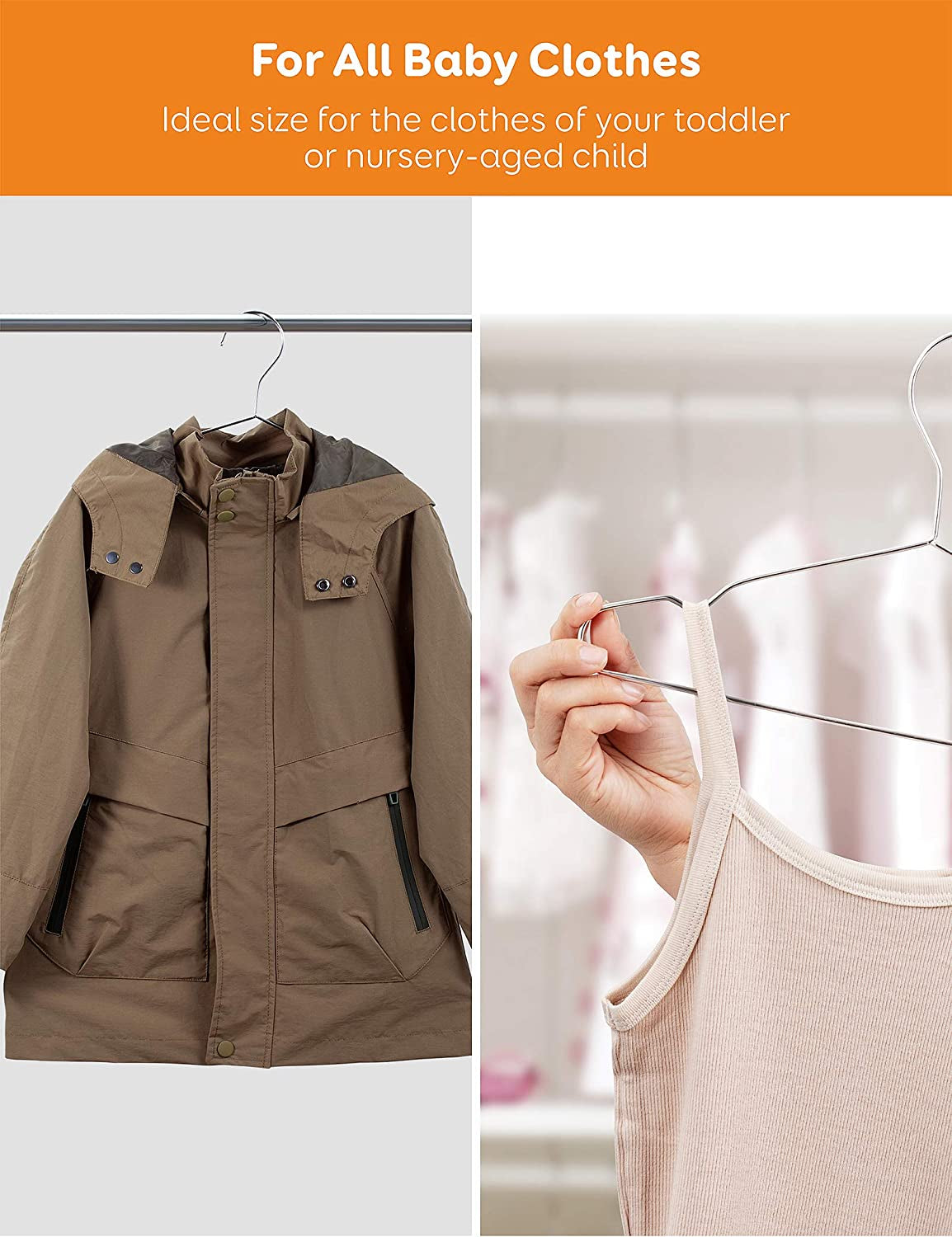 Baby Hangers, 50 Pack Stainless Steel 12.6 Inch Heavy Duty Non-Slip Space Saving Coat Hangers for Kids Children Toddler Clothes