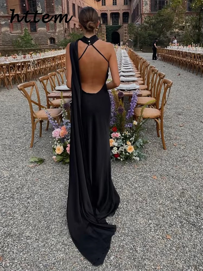 Elegant Ribbon Satin Long Party Dress Women Solid Sleeveless Backless Female Dresses 2025 Spring Summer Lady Chic Evening Gowns