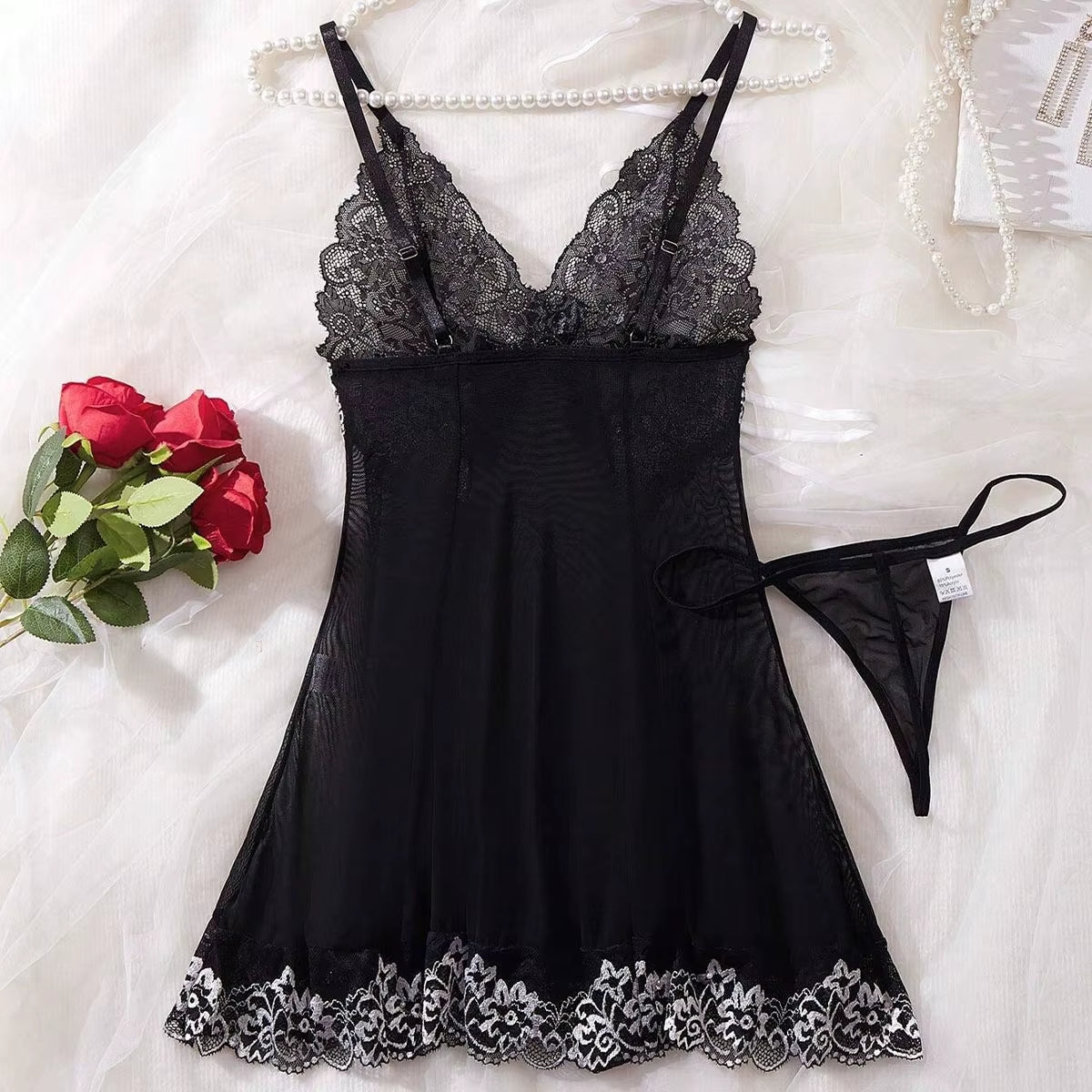 Transparent Black Sexy Lingerie Women Underwear See through Sleepwear Lace Nightdress and Thongs Pijamas Sets Female Sexy Nighty