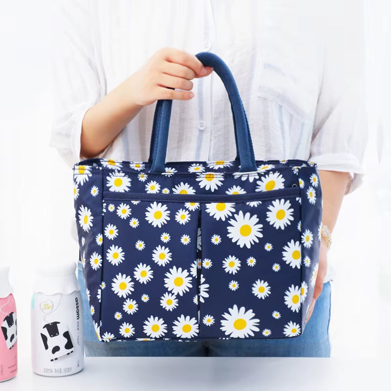 Daisy Printed Lunch Bag Thermal Insulation Large Capacity Handbag Cute Picnic Drinks Lunch Box Storage Bag Portable Lunch Pouch