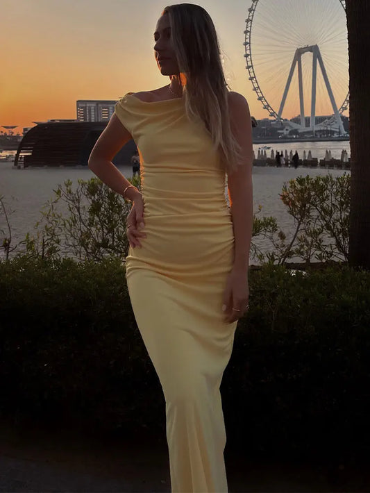 Elegant Dress for Women Yellow Asymmetric Sleeveless Pleated Long Dresses Woman 2025 Summer Vintage Party Evening Dress