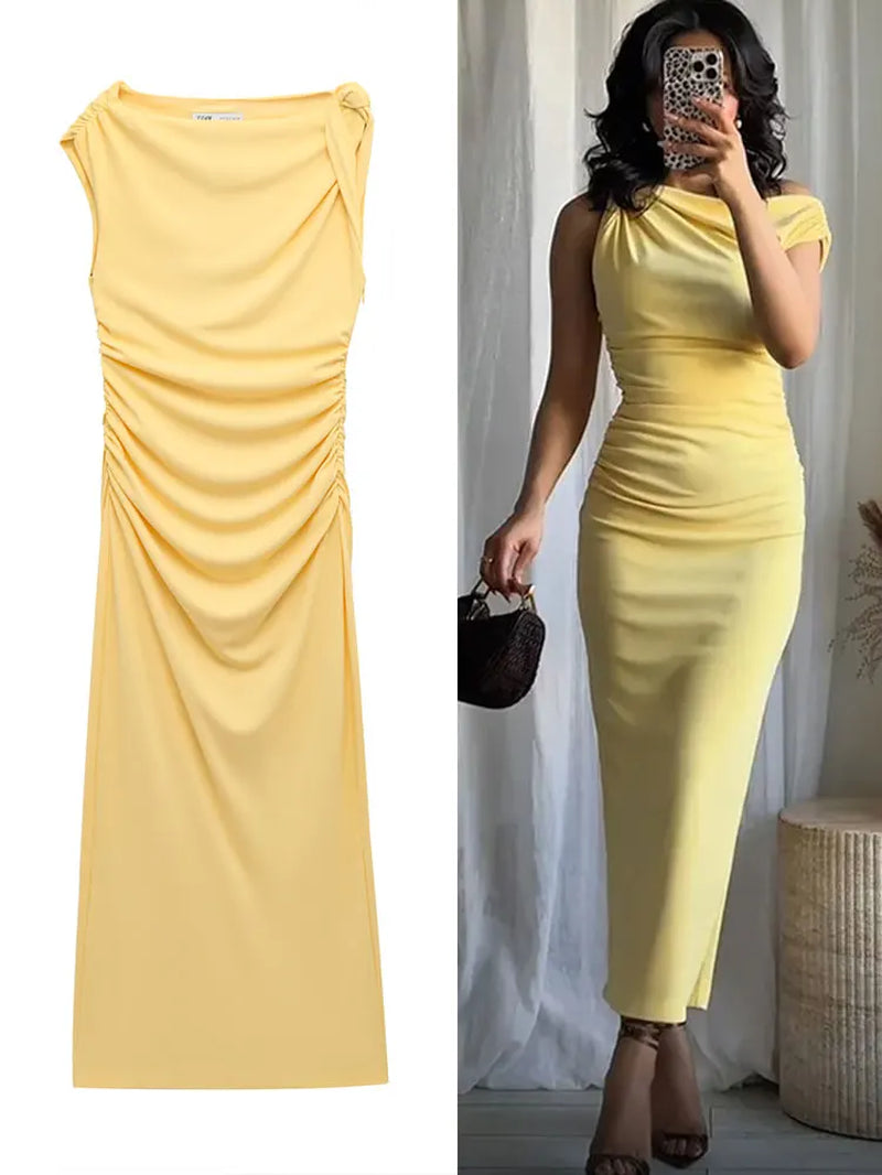 Elegant Dress for Women Yellow Asymmetric Sleeveless Pleated Long Dresses Woman 2025 Summer Vintage Party Evening Dress