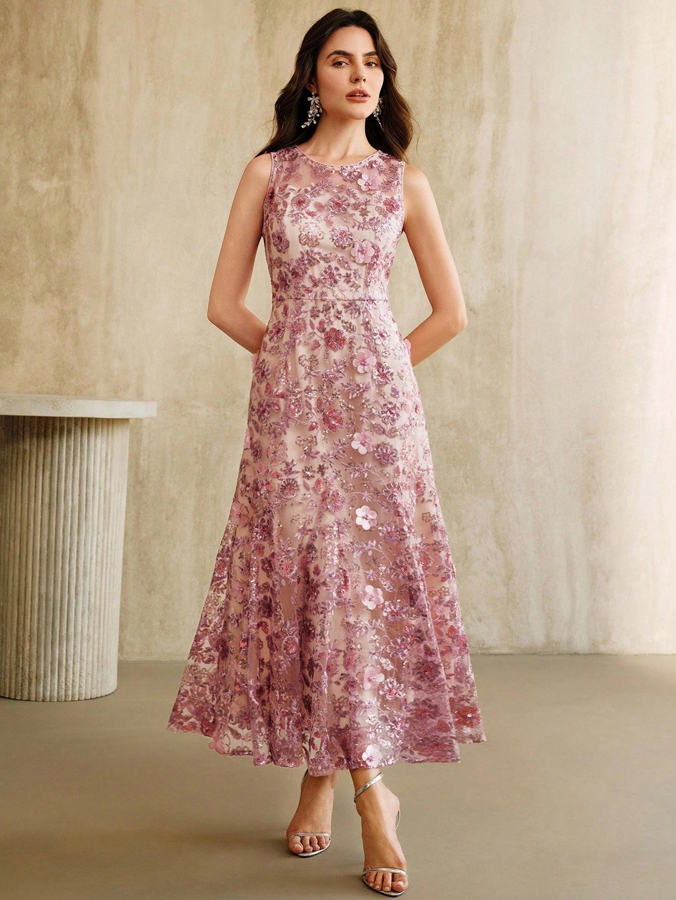 Anewsta Elegant Champagne Floral Embroidered Mesh Sleeveless Dress, Glamorous Resort Wear for Women, Spring/Summer Outfits