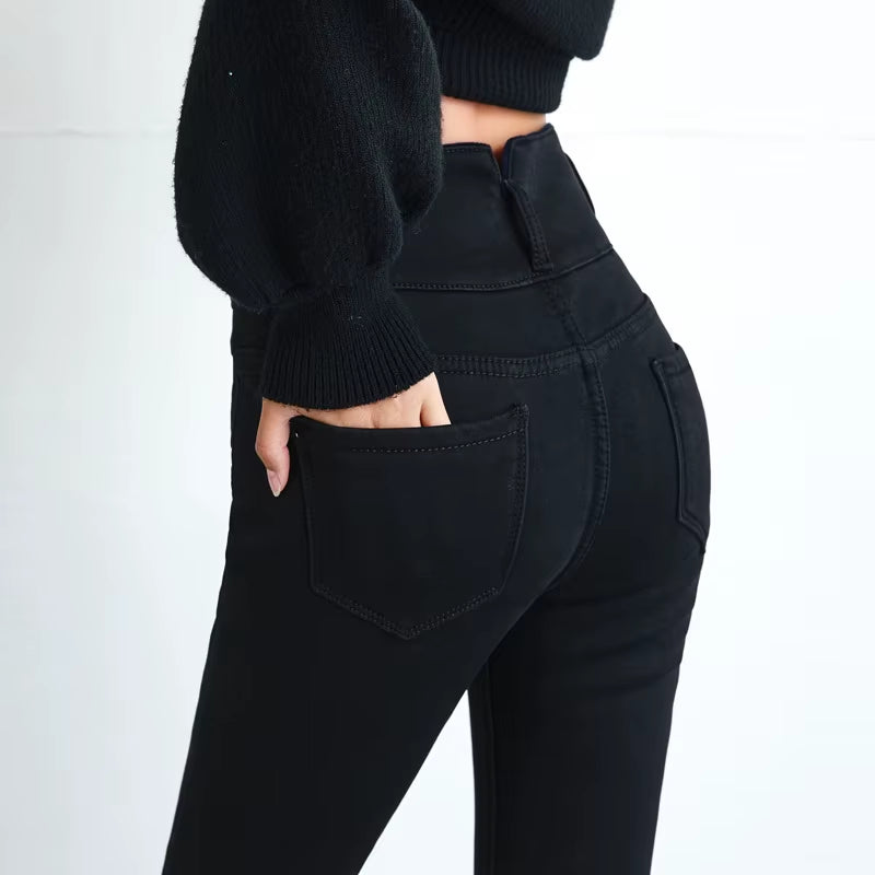 New High Waist Velvet Thick Jeans Female Winter Skinny Stretch Warm Jeans Pants Mom Black Denim Trousers with Fleece Pants P125