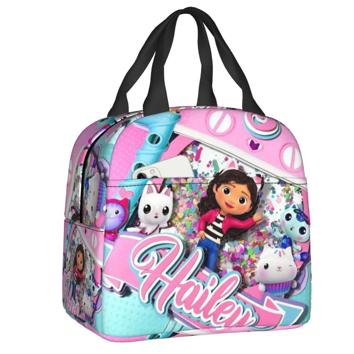 Custom Gabbys Dollhouse Portable Lunch Box Women Waterproof Cartoon Kitten Cats Thermal Cooler Food Insulated Lunch Bag