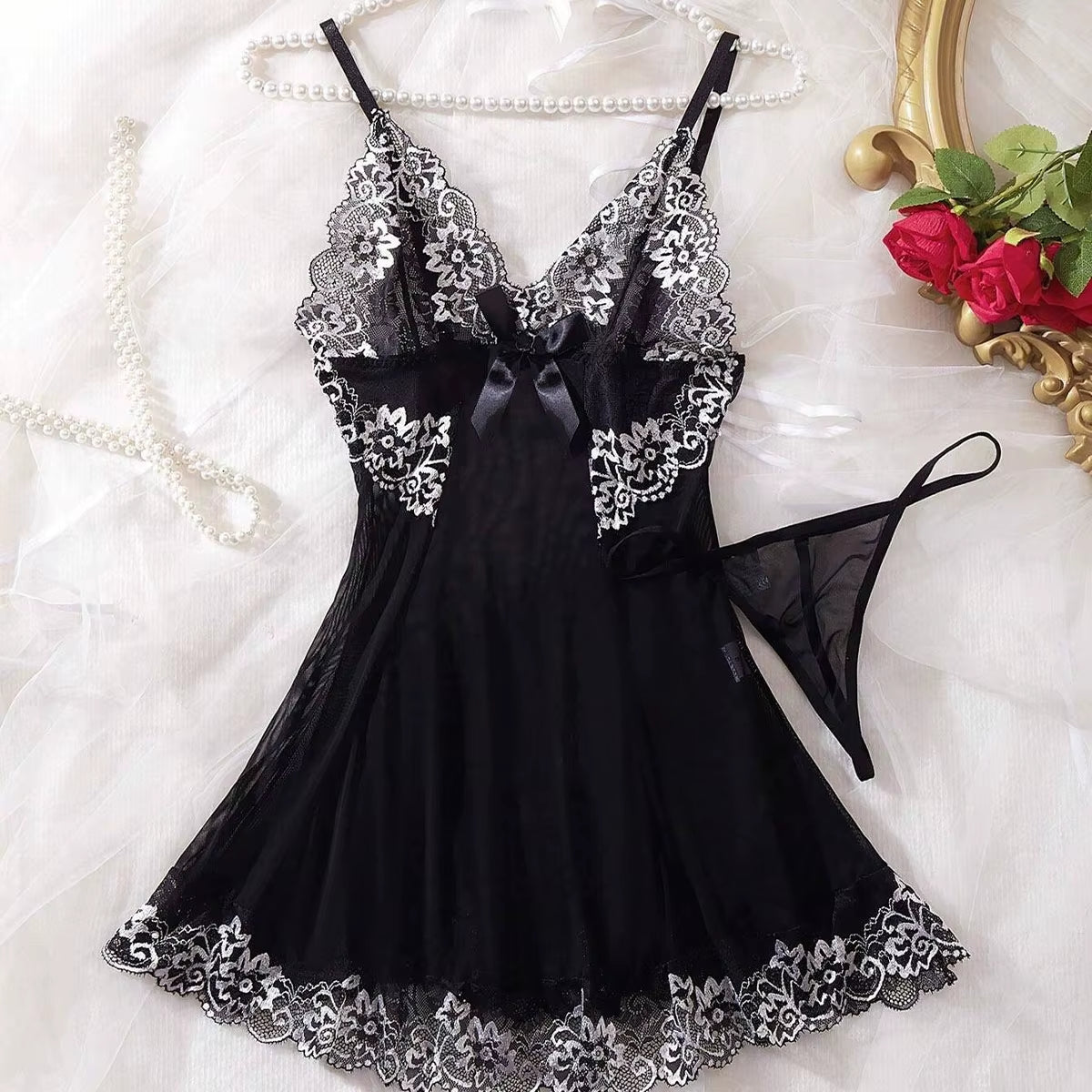 Transparent Black Sexy Lingerie Women Underwear See through Sleepwear Lace Nightdress and Thongs Pijamas Sets Female Sexy Nighty