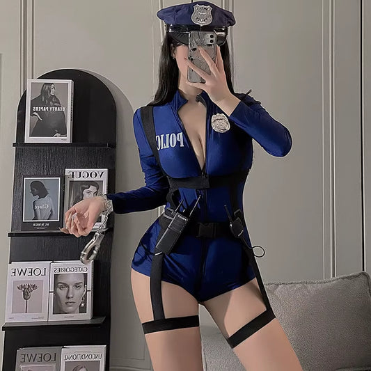 Exotic Costumes Sexy Lingerie Nightclub Women Police Uniform Double Zipper Free Open Crotch Cospaly Outfit Sexy Skirt