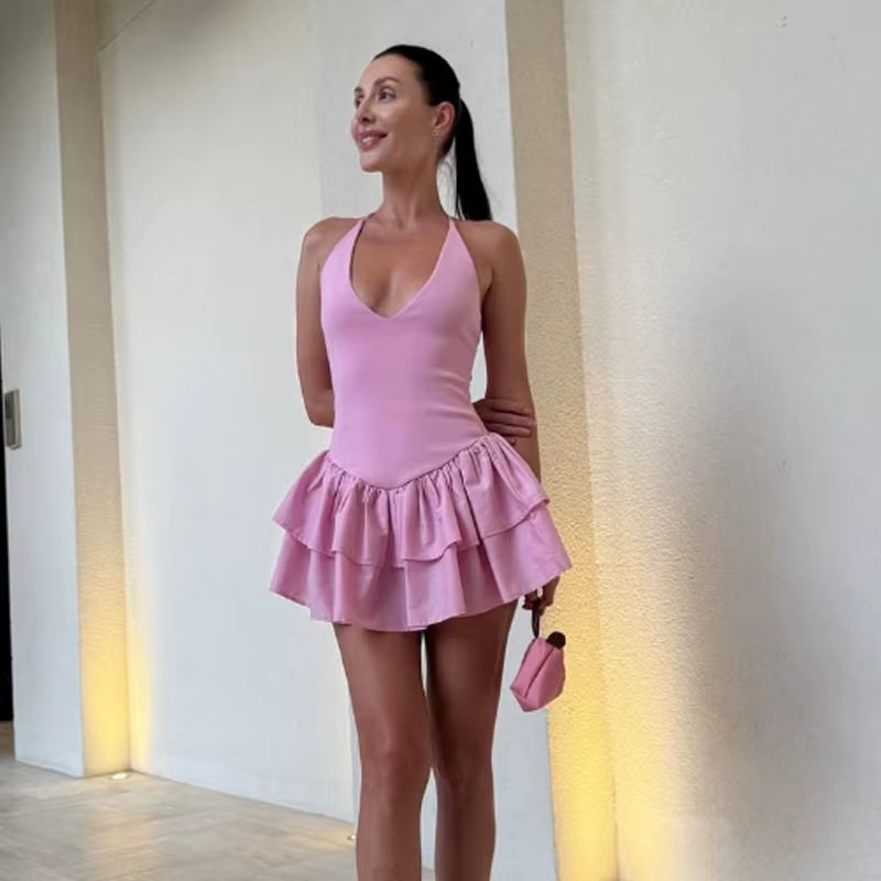 off Shoulder Women'S Dress Halter Solid Short Dresses 2025 Woman V Neck Layered Mini Dress Backless Party Dress for Women