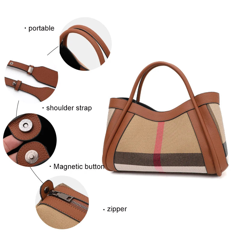 2025 New Retro Checkered Women'S Handbag, Large Capacity Luxury Bag, Canvas Genuine Leather Bag