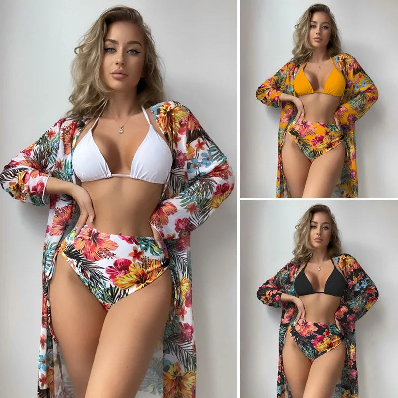 Floral Printed Halter Bikini 3 Pieces High Waisted Sexy Women Swimwear Padded Bikini Ser + Cover up Black/White/Orange Colors