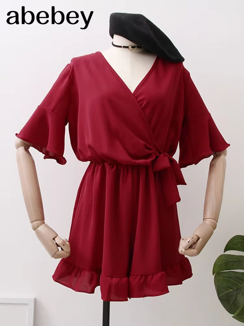Women Rompers Casual Wide Leg Pants Overalls Short Sleeve V Neck Solid Playsuits Summer Beach Chiffon Ruffle Jumpsuits