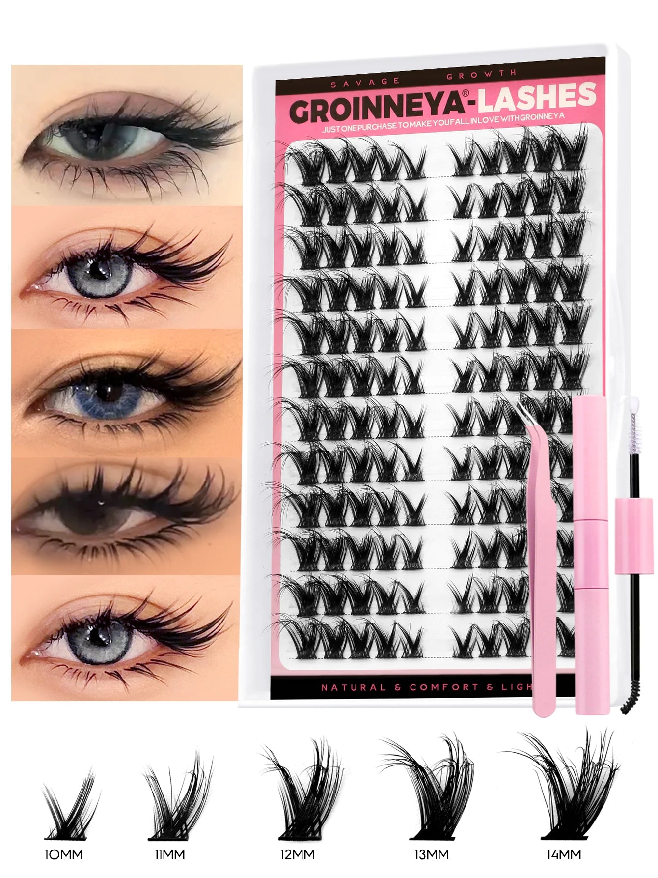 Cat Eyelashes Clusters Kit Winged End Eye Elongated DIY Lash Extension Kit Lash Bond & Seal & Eyelash Tweezers Fox Eye