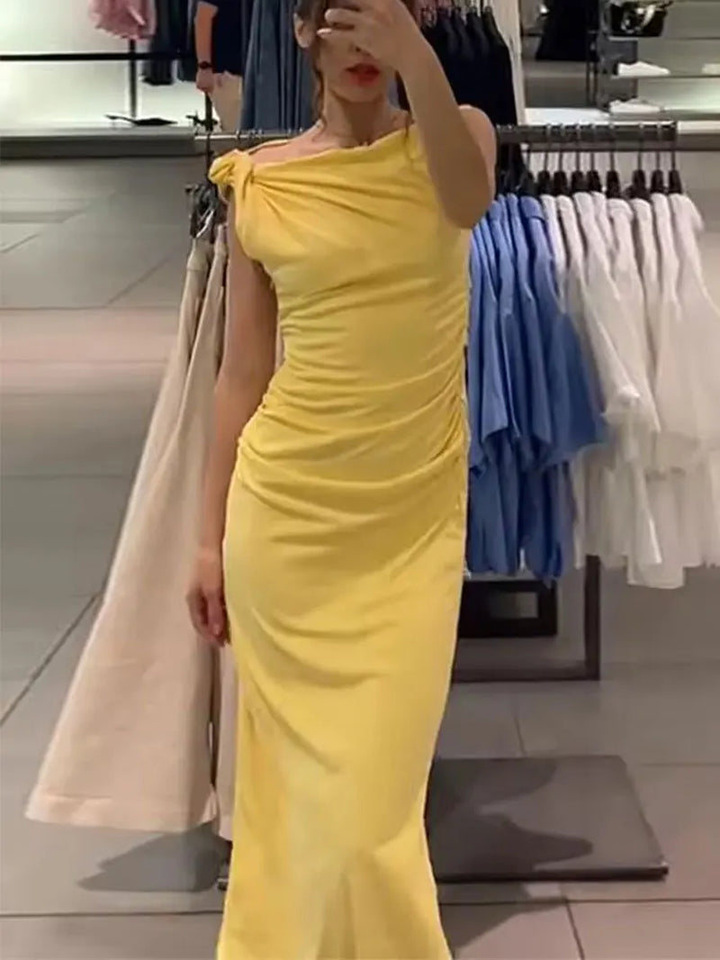 Elegant Dress for Women Yellow Asymmetric Sleeveless Pleated Long Dresses Woman 2025 Summer Vintage Party Evening Dress