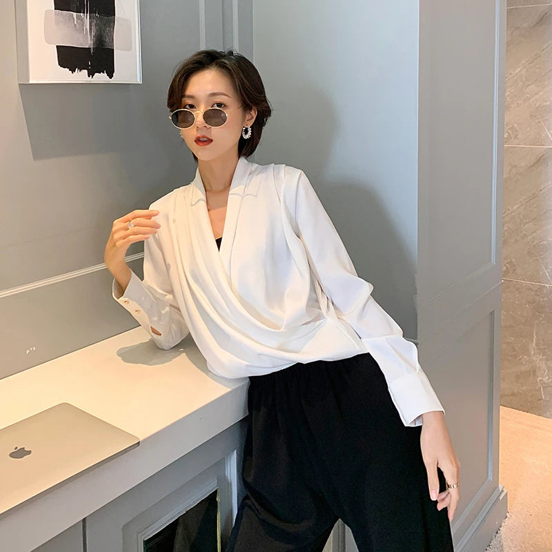 Autumn Spring French Silk Satin Shirts Women Sexy V-Neck Long Sleeve Fashion Women Shirt Lady Office Blouses Female Loose 2022