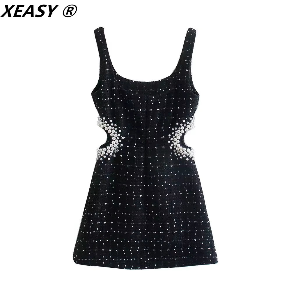 Tweed Dress Women Sexy Bodycon Slip Dress for Women 2021 Vintage Black Casual Women Clothing Hollow Out Waist Mini Dresses
