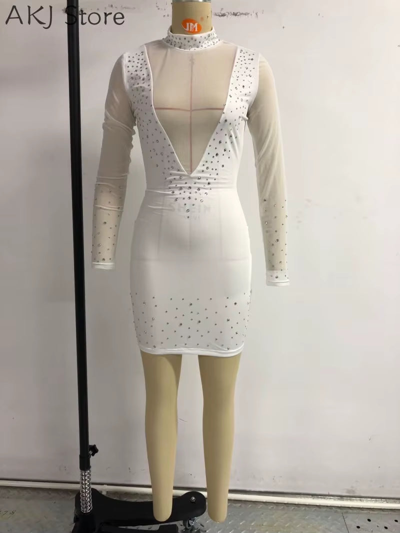 Women Sexy Rhinestone Contrast Mesh Long Sleeve Bodycon Dress Lace Perspective Dresses