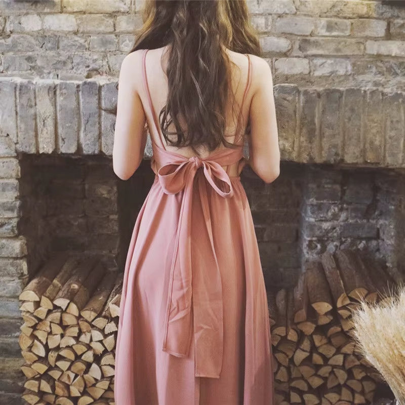 Fashion Spaghetti Strap Backless Dress for Women Summer Simple Solid Color A-Line Slim Long Dresses 2021 New Ladies Clothes