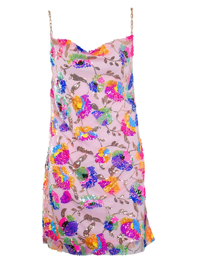 Pink Shine Sequin Backless Slip Mini Dress White Chain Straps Sexy Short Cocktail Party Night Dresses Lush Prom Summer