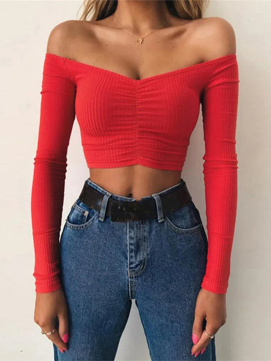 Women T-Shirts Sexy and Club Fashion Female T-Shirt Long Sleeve off Shoulder Solid Color Lady Tshirt Autumn Basic Tees