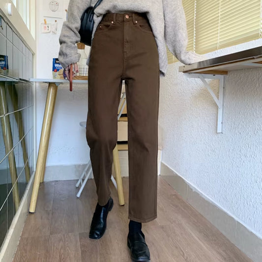 2022 Autumn New Brown Straight Denim Vintage Slender Office Lady Jeans Women Trousers High Waist Large Size Pants Female KZ703