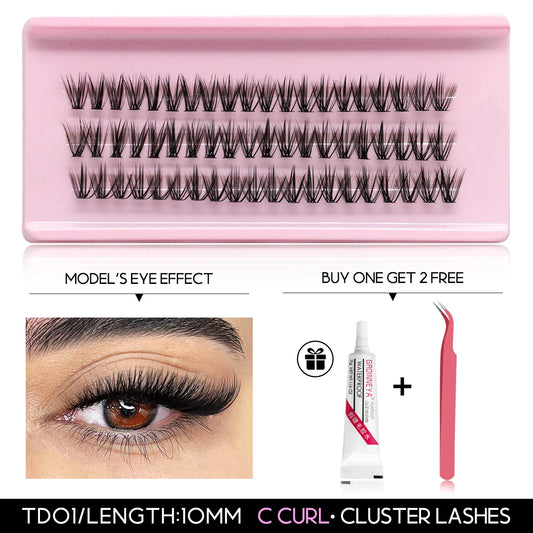 Cat Eyelashes Clusters Kit Winged End Eye Elongated DIY Lash Extension Kit Lash Bond & Seal & Eyelash Tweezers Fox Eye
