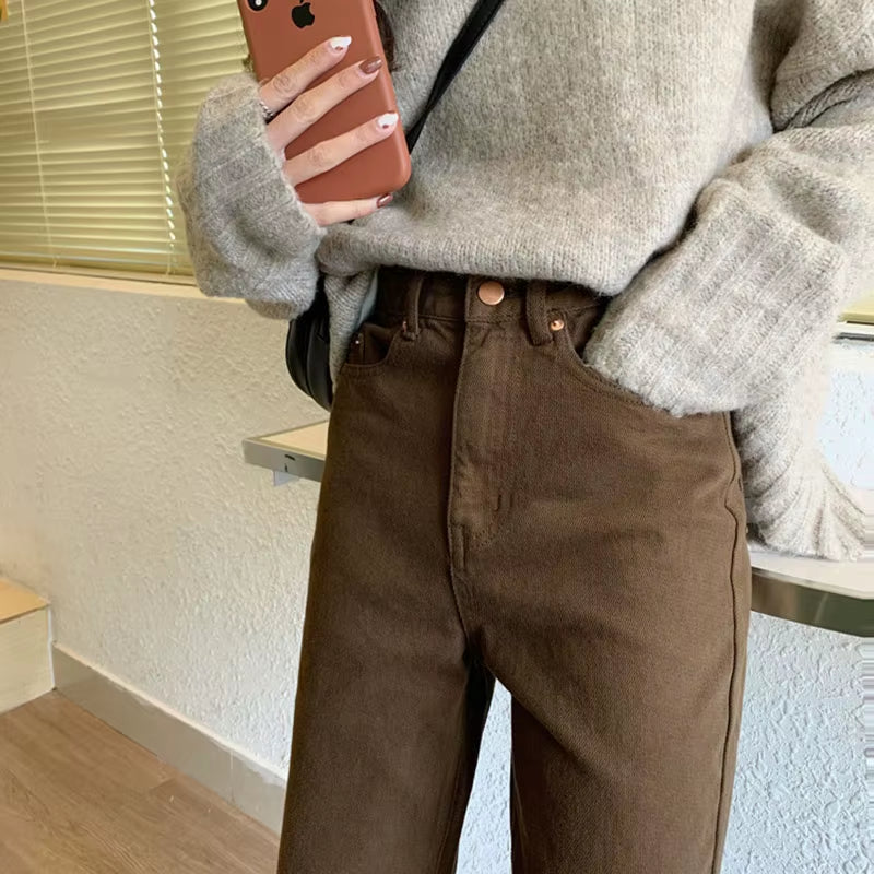 2022 Autumn New Brown Straight Denim Vintage Slender Office Lady Jeans Women Trousers High Waist Large Size Pants Female KZ703