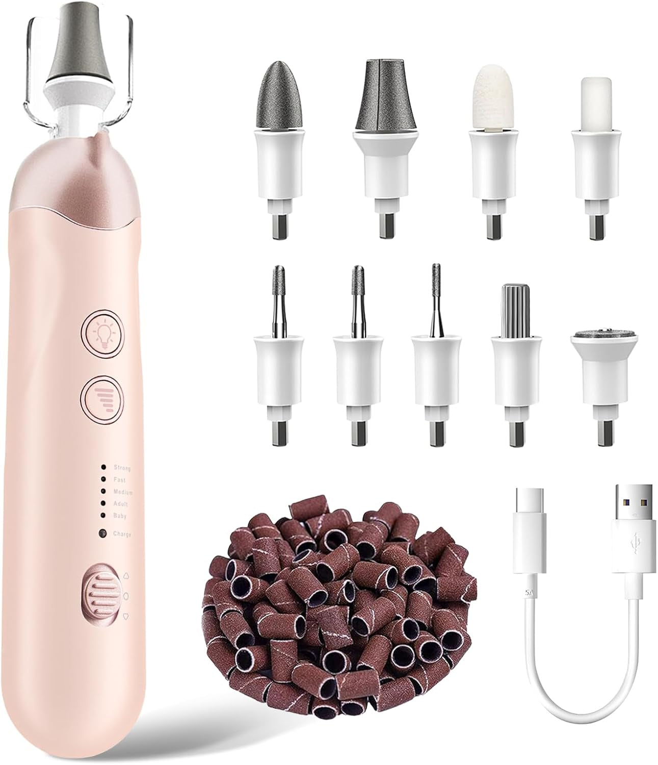 Professional Manicure Pedicure Kit, Cordless Electric Nail File Set, Rechargeable Pedicure Tools for Feet, 5 Speeds Hand Foot Care Nail Drill for Thick Nail Toenail Cuticle Women Men Baby Pets-Rose