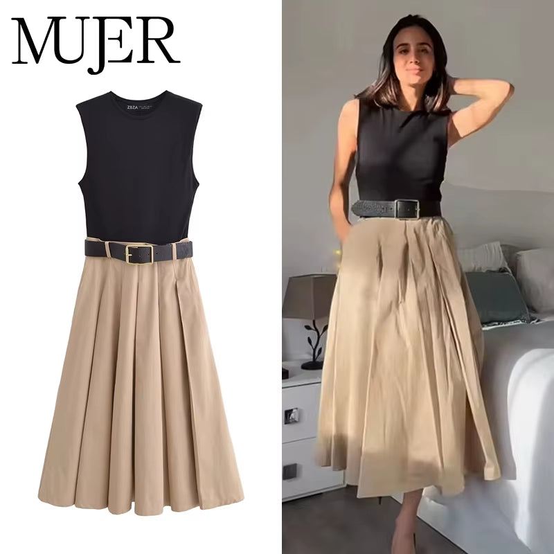 2025 Woman Dresses Belt Pleated Midi Dress Women Sleeveless Summer Dress Woman Knitted Party Dresses for Women Sundress