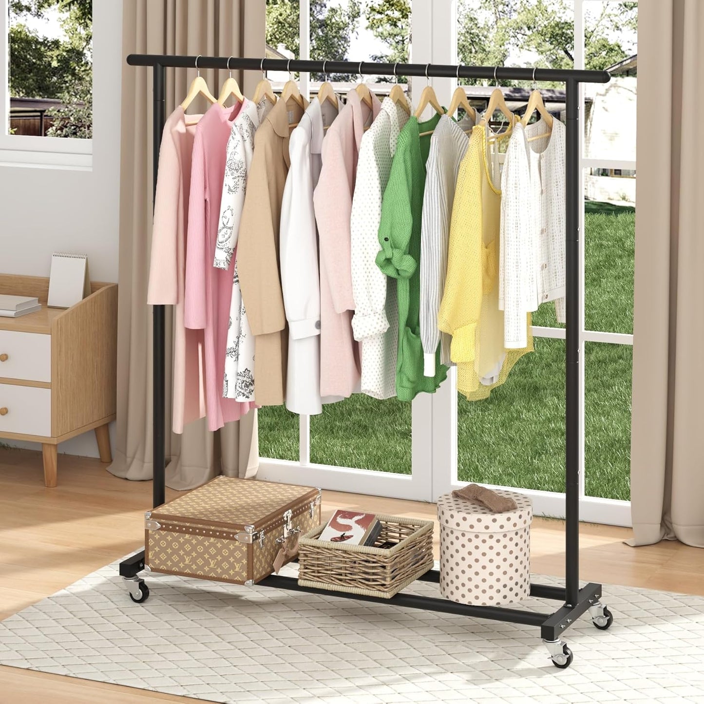 Clothing Rack Clothes Rack Standard Rod Simple Rolling Metal Garment Rack Organizer Freestanding Hanger with Wheels,Black