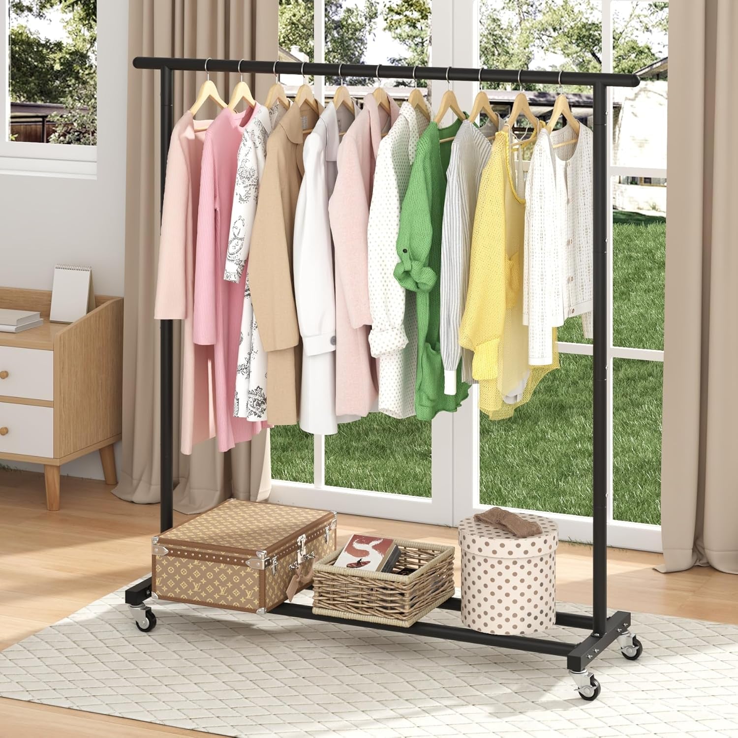 Clothing Rack Clothes Rack Standard Rod Simple Rolling Metal Garment Rack Organizer Freestanding Hanger with Wheels,Black