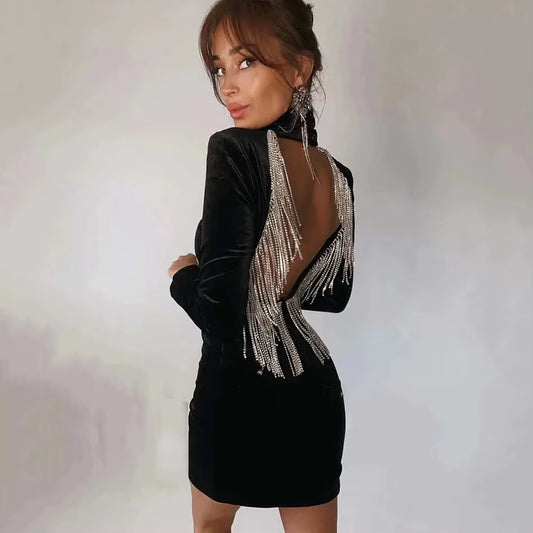 2024 High Quality Black Green Sexy Fashion Backless Diamonds Tassel Rayon Velvet Dress Evening Party Dresses Vestidos