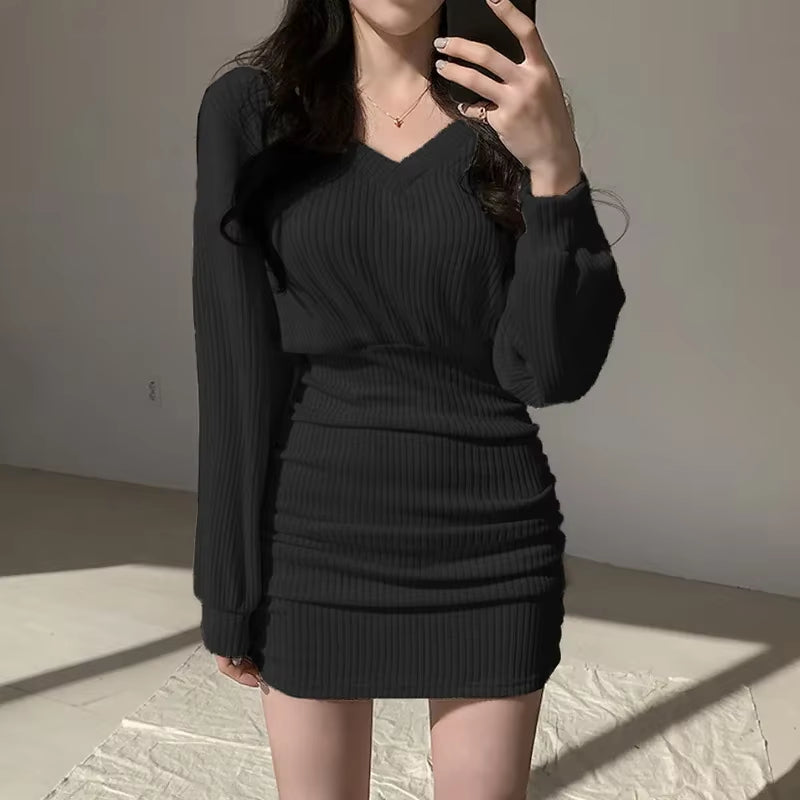 Neploe 2025 Korean Mini Dress Women Sexy V Neck Sweater Fashion Elegant Bodycon Dresses Long Sleeve Pleated Robe Knit Vestidos