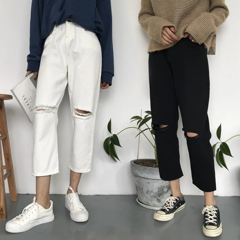 Jeans Women Ripped Hole High Waist Zipper Fly Button Straight Ankle-Length Womens Trousers Basic Bottoms Black Jean Femme Chic
