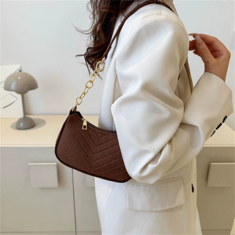 Felt Mini Shoulder Bag Women Fashion Solid Color Casual Handbags with Chain Shoulder Pouch Simple Light Weigh Underarm Bag